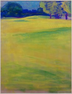 Paysage de prairie devant arbres et village - Curt Herrmann
